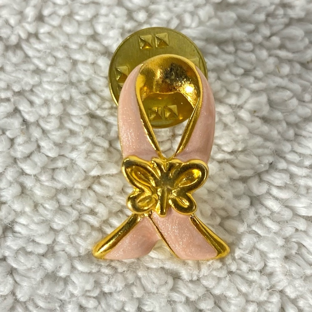 5/$35 Vintage Avon Breast Cancer Awareness Pink Ribbon Gold Butterfly Enamel Pin